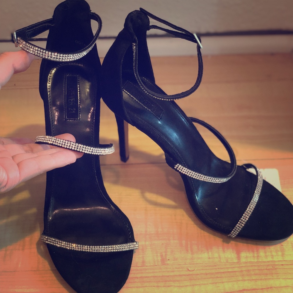 Black strap heels with rhinestones